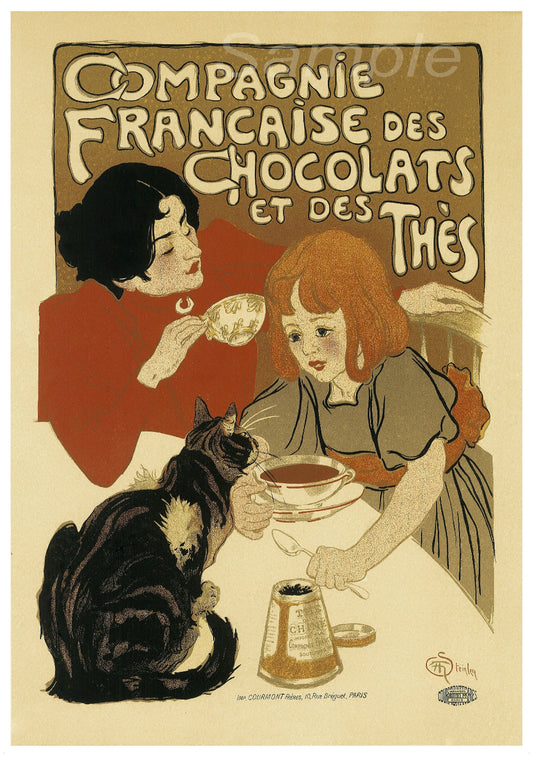 Vintage advertising poster depicting two women seated at a table with a cat, a cup of tea, and pieces of chocolate.