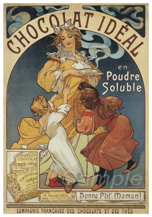 Vintage advertisement poster for Chocolat Ideal with a woman and children, featuring the brand's logo and product packaging.