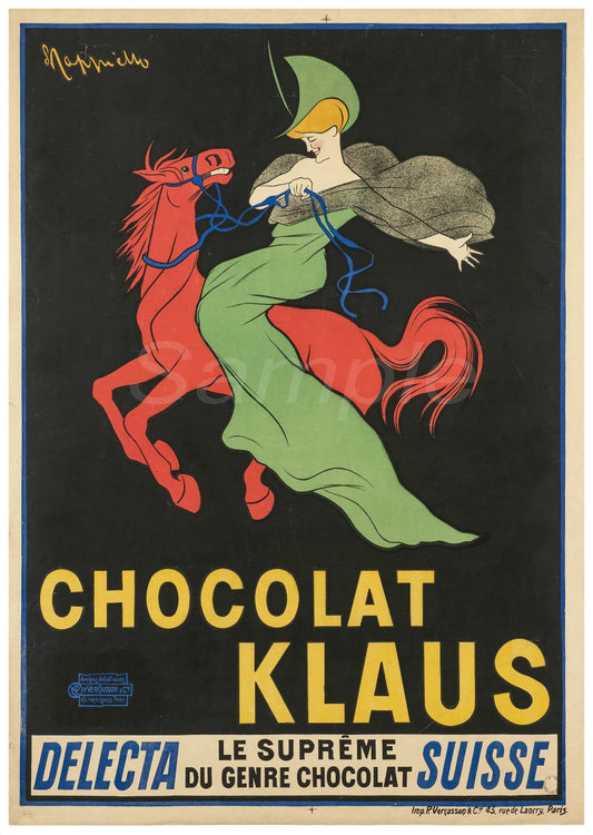Vintage advertisement poster for Chocolat Klaus featuring a woman on a horse.