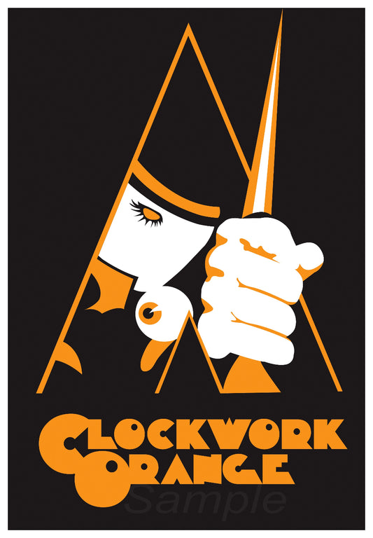 Vintage style movie poster in black and orange with a stylized graphic of a person's hand and a scythe, and the text 'Clockwork Orange'.