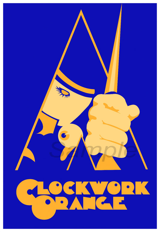 Vintage style movie poster for 'Clockwork Orange' with stylized graphics in yellow and blue tones.