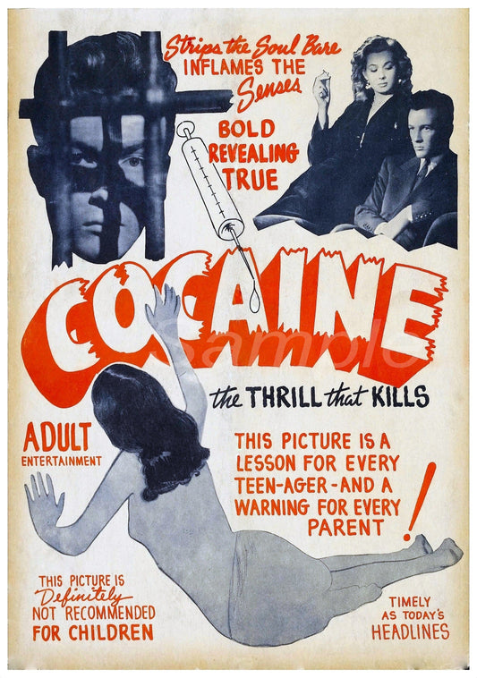Vintage movie poster for 'Cocaine' with dramatic text and images of people.