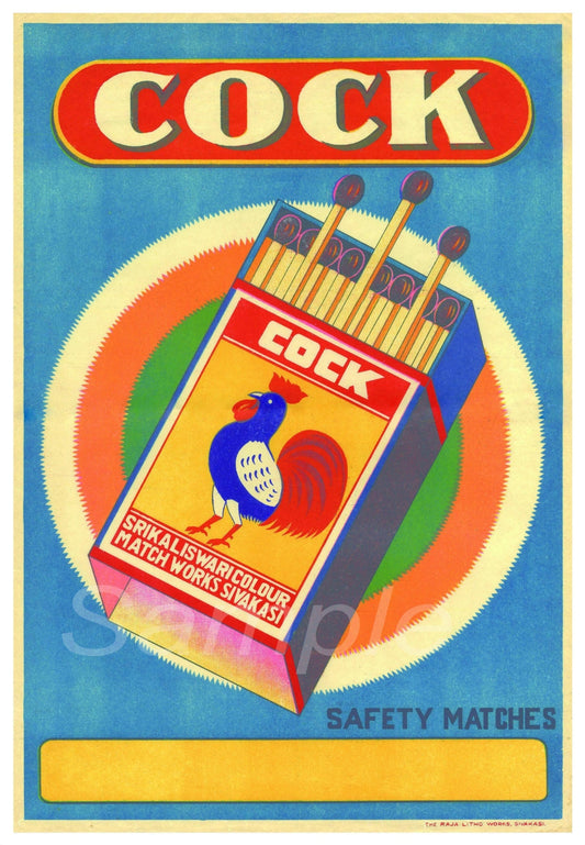 Vintage advertising poster print featuring a cartoon rooster with a pack of safety matches, and the word 'COCK' in bold letters above.
