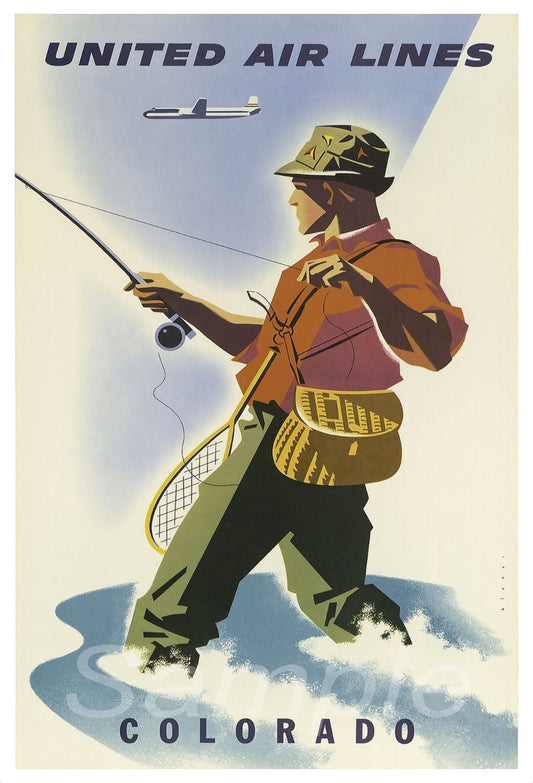Vintage-style poster for United Airlines featuring a person fishing with text 'Colorado'.