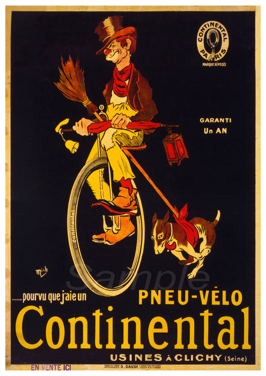 A vintage style advertisement for Continental bicycle tyres featuring an illustration of a person on a unicycle with a dog, both in whimsical attire, against a dark background with text and the Continental logo.