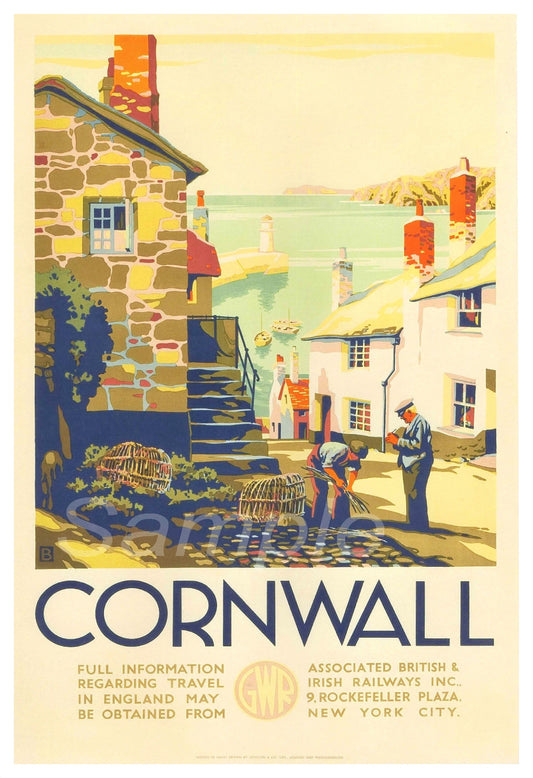 Vintage-style travel poster for Cornwall featuring a stone building and two people on a cobblestone street.