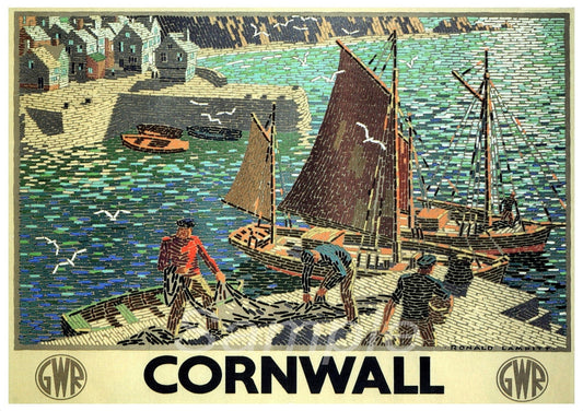 A vintage poster print of the Cornwall GWR Railway, featuring a scene with boats and the Cornwall logo.