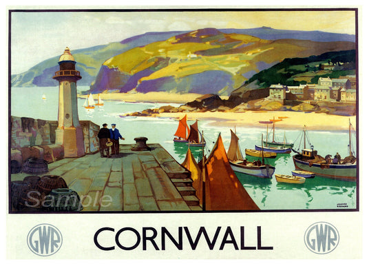 A vintage poster print of Cornwall GWR Railway depicting boats, a lighthouse, and buildings by the sea.