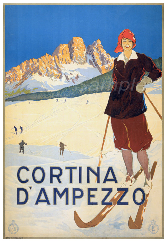 Vintage style travel poster featuring a woman on skis in a snowy landscape with mountains in the background, with the text 'Cortina D'Ampezzo'.