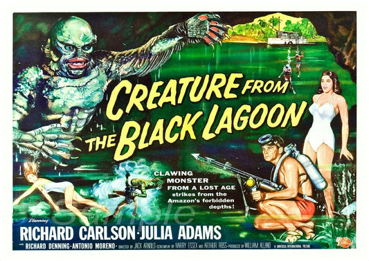 Vintage movie poster for 'Creature From the Black Lagoon' featuring a monster character in green and brown tones, with a background of people in swimwear. The poster has text including the movie title and credits.