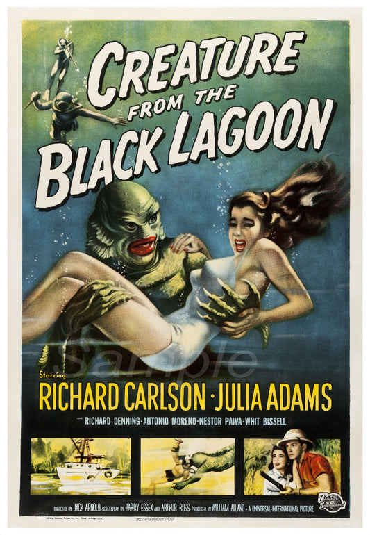 Vintage movie poster for 'Creature from the Black Lagoon' featuring an illustration of a creature in the foreground with a woman in the background, held by Richard Carlson and Julia Adams.