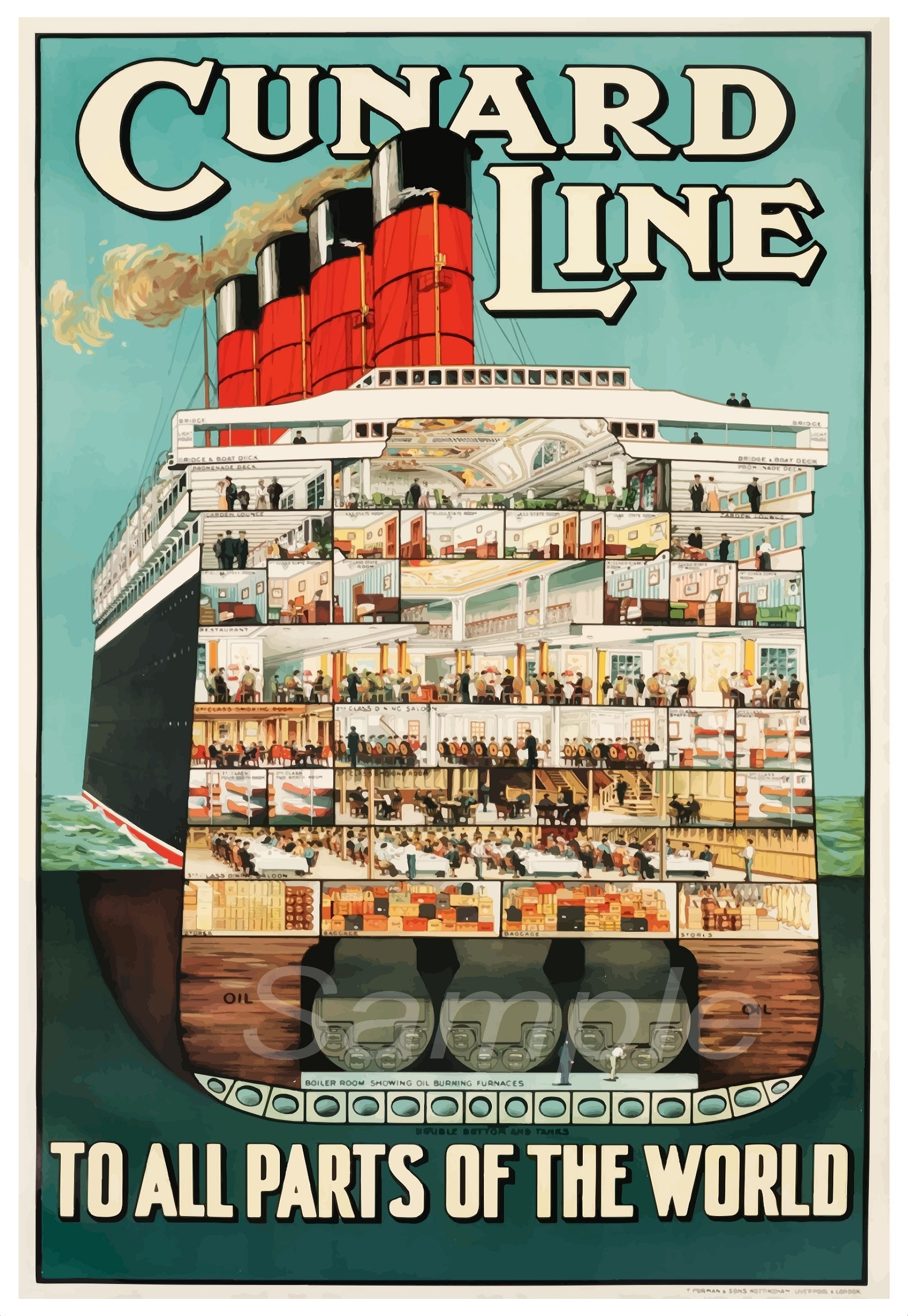 Vintage advertising poster for Cunard Line featuring an illustration of a cruise ship with people on board, and the text 'Cunard Line' and 'To all parts of the world'.