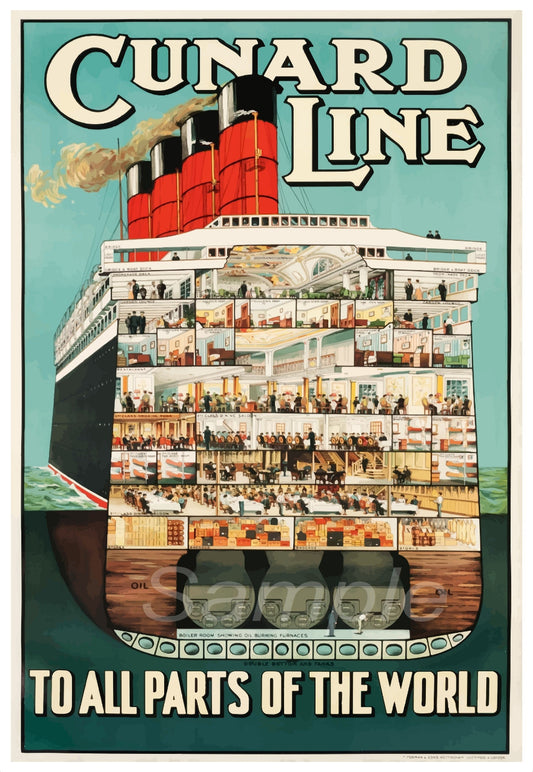 Vintage advertising poster for Cunard Line featuring an illustration of a cruise ship with people on board, and the text 'Cunard Line' and 'To all parts of the world'.
