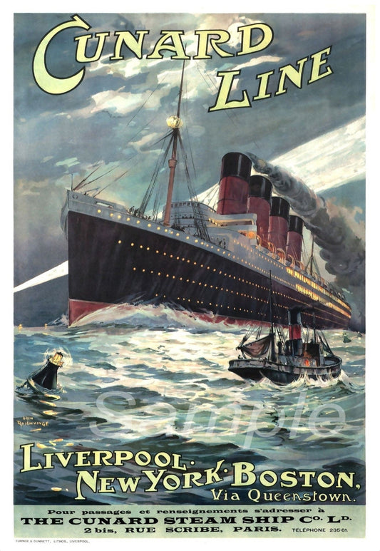 Vintage advertising poster for Cunard Line featuring an illustration of a steamship and a smaller boat on a stormy sea, with the text 'Cunard Line' and 'Liverpool New York via Quenston'.