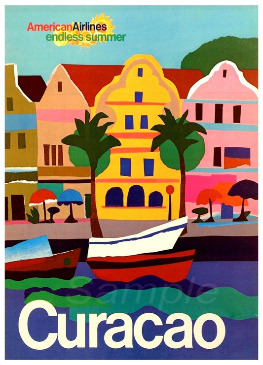 A colorful travel poster featuring a vibrant illustration of a tropical cityscape with American Airlines branding and the text 'Endless Summer'.