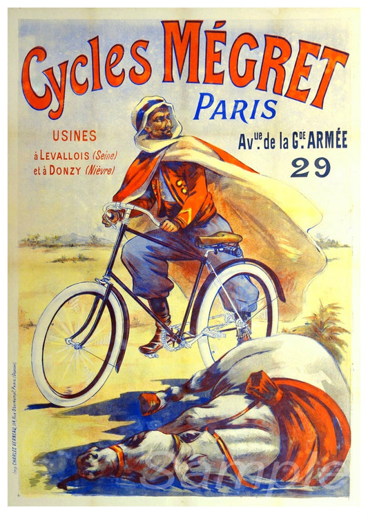 Vintage advertising poster for Cycles Megret featuring a man on a bicycle with a red background and white text.