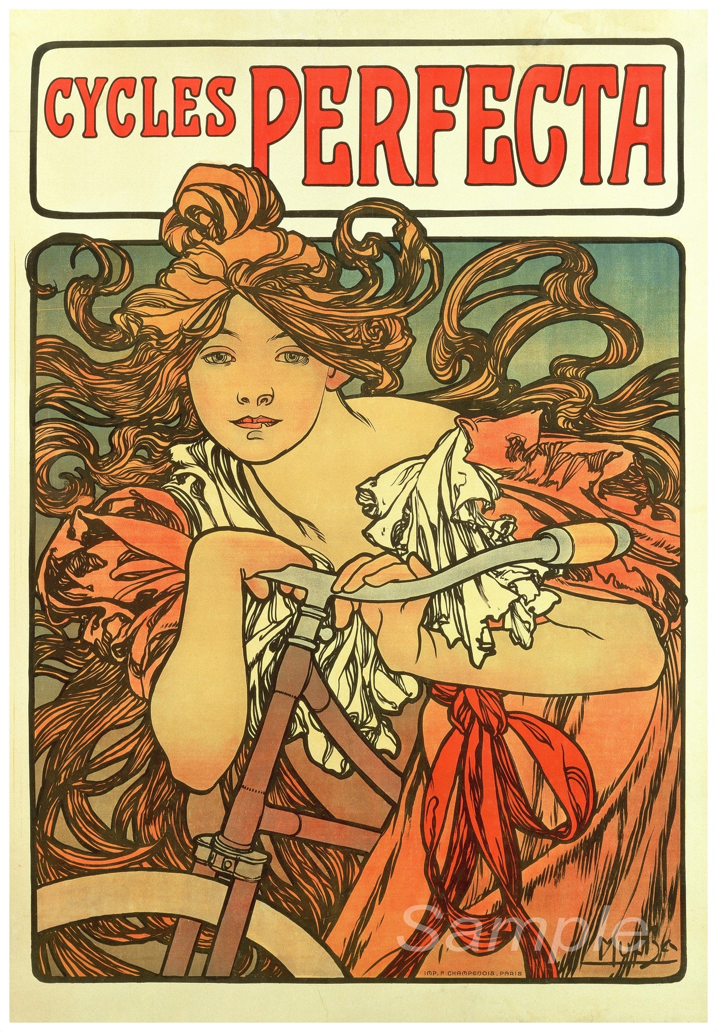 A vintage advertising poster featuring a woman with flowing hair, riding a bicycle, and the text 'Cycles Perfecta'.