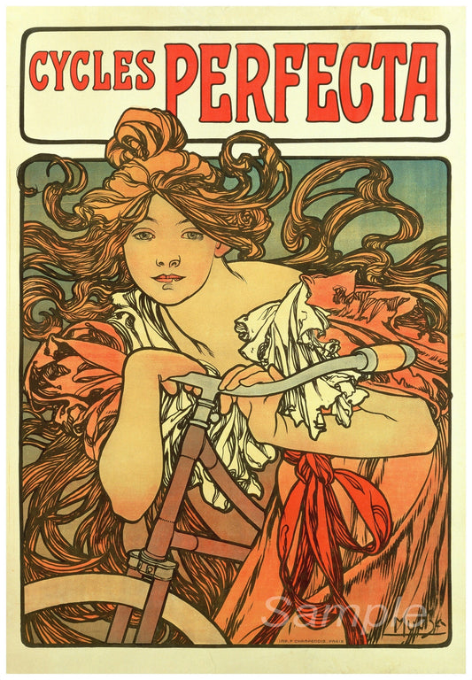A vintage advertising poster featuring a woman with flowing hair, riding a bicycle, and the text 'Cycles Perfecta'.