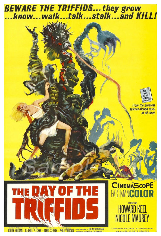 Vintage movie poster for 'The Day of the Triffids' featuring a yellow background with a character on horseback being attacked by a triffid plant, surrounded by smaller triffids and a dog. The poster has text and credits at the bottom.