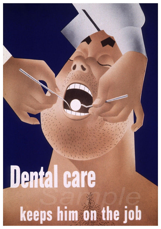Vintage-style dental care poster with a cartoon character getting a check-up.