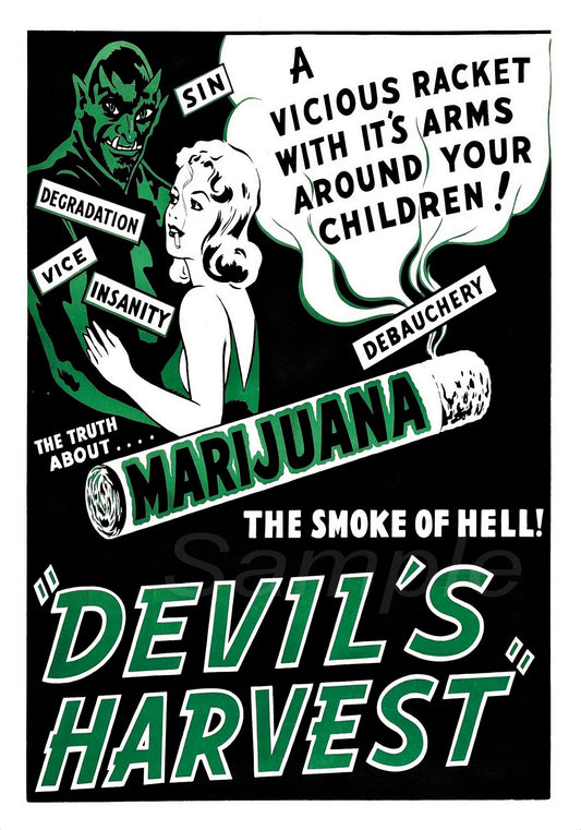 Vintage style movie poster featuring a cartoonish character with a pipe, surrounded by text that includes 'MARIJUANA', 'THE TRUTH', 'SIN', 'INSANITY', and 'DEATH', with a green and black color scheme.