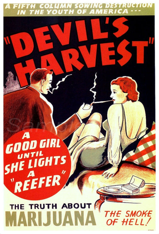 Vintage movie poster print for the film 'Devil's Harvest' featuring text and imagery indicative of 1950s cinema style.
