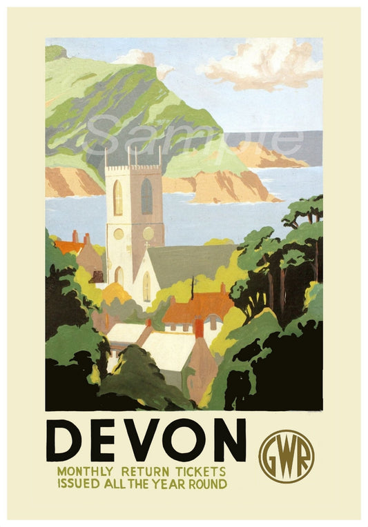 Vintage-style travel poster for Devon featuring a church and coastal landscape.