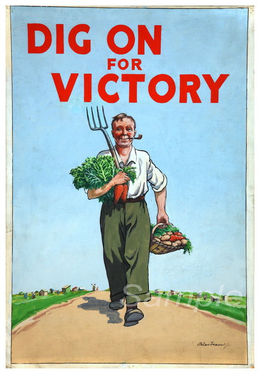 A vintage style poster with a man holding a pitchfork and vegetables, with the text 'DIG ON FOR VICTORY' in bold letters.