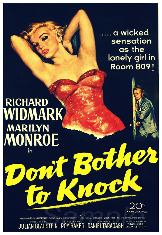 Vintage movie poster featuring Marilyn Monroe in a red dress with the title 'DON'T BOTHER TO KNOCK' above her. The poster has a widespread background and mentions the names of the actors in the film.
