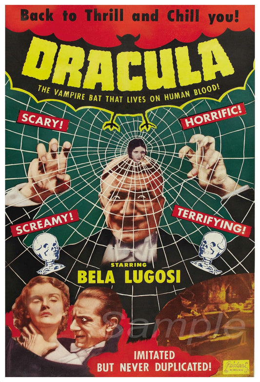 A vintage movie poster print of the 1931 Dracula movie, featuring text and imagery related to the film's theme.