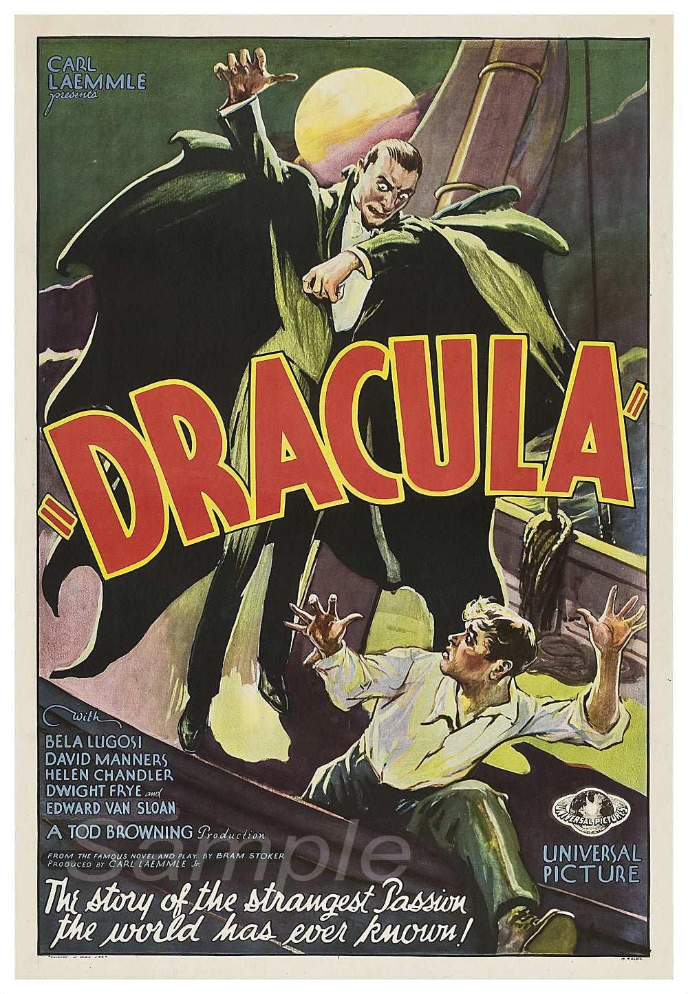 Vintage movie poster print of the 1931 Dracula film with Dracula in a dynamic pose against a red and yellow backdrop.