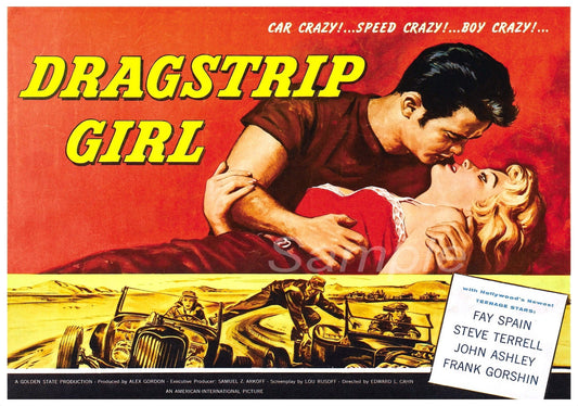 Vintage movie poster print for 'Dragstrip Girl' featuring a male and female character in a dramatic pose with a red backdrop, surrounded by text and credit information.