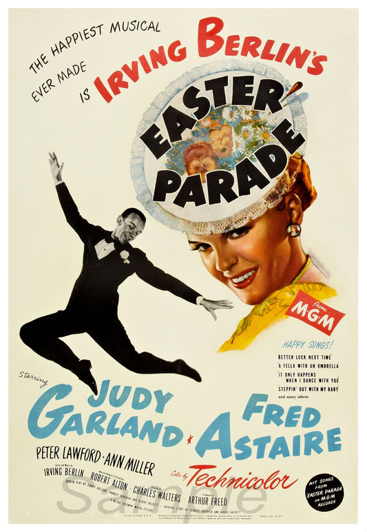 Vintage style movie poster for 'Easter Parade' featuring Judy Garland and Fred Astaire with the text 'The Happiest Musical Berlin Ever Made' and the MGM logo.