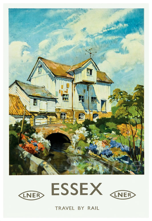 Vintage style travel poster print featuring a rural Essex scene with houses, trees, and a body of water, titled 'Essex' at the bottom.