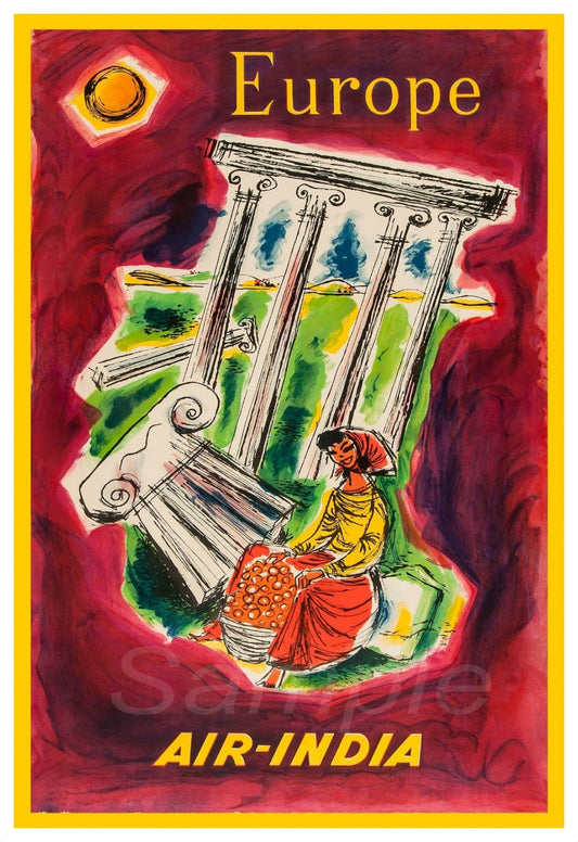 Vintage style travel poster featuring a woman seated next to a column with a vibrant red and yellow background, and the text 'EUROPE' and 'AIR-INDIA' on the poster.
