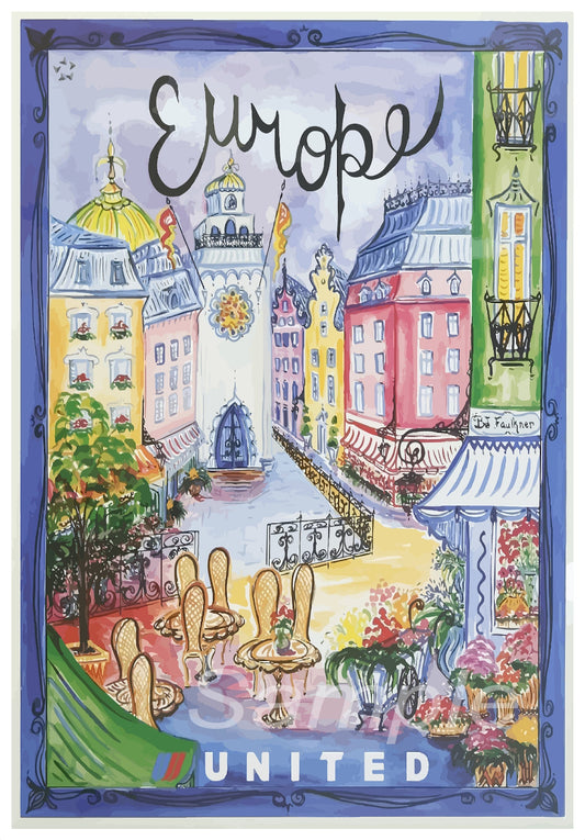 Vintage style travel poster featuring a colorful illustration of European cityscapes with the text 'EUROPE' and 'UNITED' on the top and bottom, and the logo 'EUROPE UNITED' in the center.