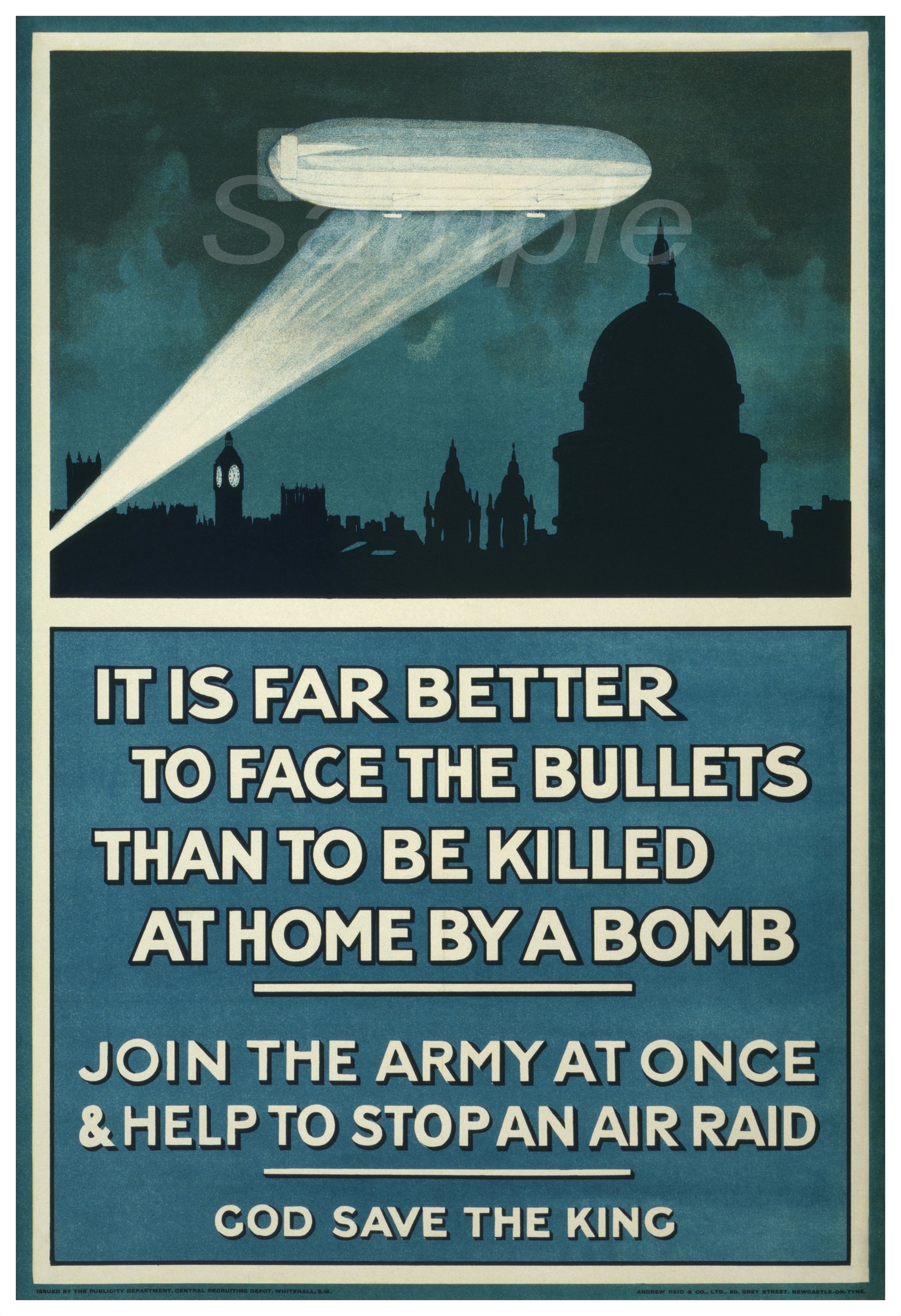 Vintage style poster featuring a searchlight with a quote about facing bullets and helping to stop an air raid, indicating a wartime theme.