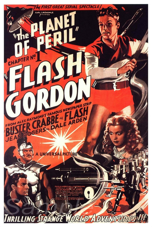 Vintage movie poster for 'The Planet of Peril' featuring Flash Gordon, with illustrations of other characters and a spaceship in the background.