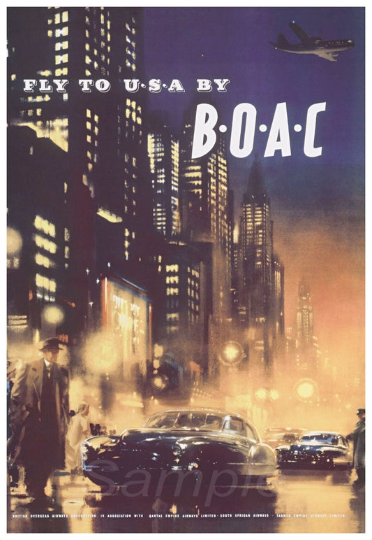 Vintage style travel poster featuring the text 'Fly to USA by BOAC' with an image of a plane, cars, and a cityscape at night.