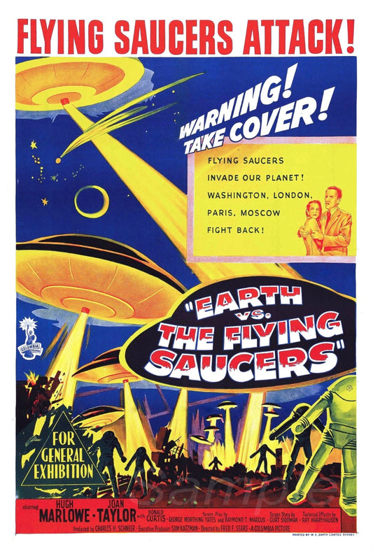 Vintage movie poster for 'Earth vs. the Flying Saucers' with dramatic text and artwork.