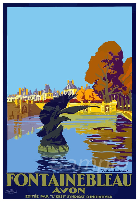 Vintage travel poster print featuring a bird and trees near a bridge, with 'Fontainebleau Avon' text.