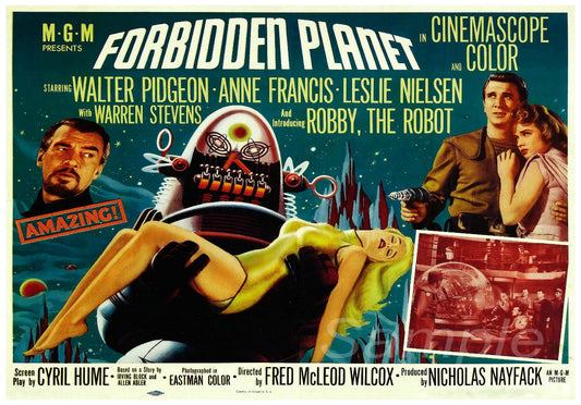 Vintage movie poster for 'Forbidden Planet' featuring an illustration of a human female with a robot, and portraits of the main actors. The poster includes the movie title, a tagline, and credits.