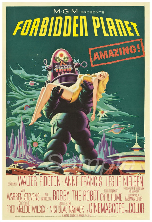 Vintage movie poster for 'Forbidden Planet' featuring a robot and a woman.