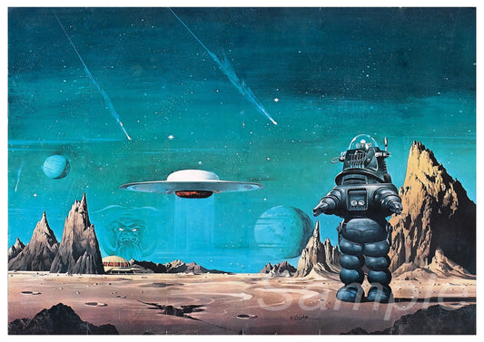 Vintage movie poster featuring a space-themed scene with a UFO and an astronaut on a desolate planet.