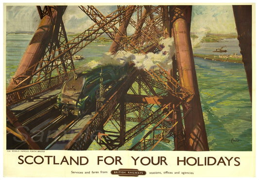 Vintage railway poster featuring the Forth Bridge with a steam train and water below, titled 'Scotland for Your Holidays'.