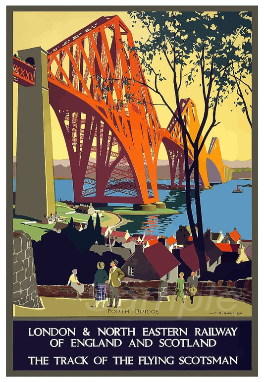A vintage railway poster featuring the Forth Bridge and a colorful depiction of a town in the background, with people walking and a train in the foreground.