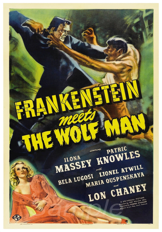 Vintage movie poster for 'Frankenstein Meets The Wolf Man' featuring illustrated representations of the title characters in a dramatic setting, with a green background and yellow text.