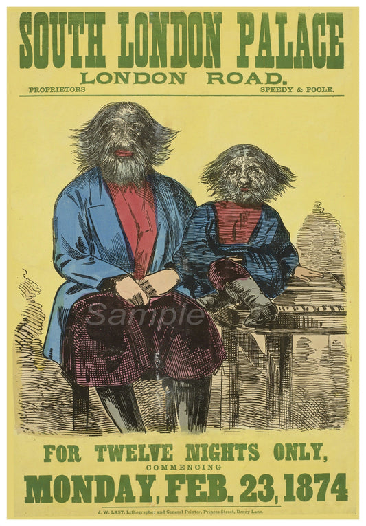 Vintage advertising poster featuring two cartoon characters resembling a man and a boy with big ears, set against a backdrop that reads 'South London Palace, London Road'. The date 'Feb 23 1874' is printed at the bottom.