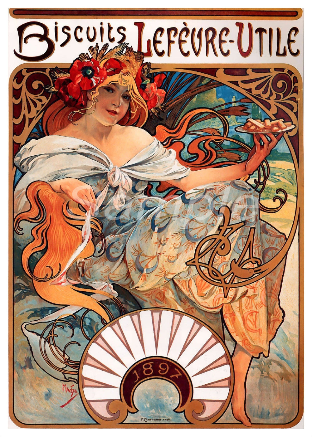 A vintage style advertisement poster featuring a colorful illustration of a woman with flowing hair, flowers, and a hat, with decorative elements and text 'Biscuits Lefèvre-utile 1896'.