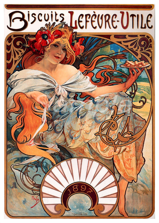 A vintage style advertisement poster featuring a colorful illustration of a woman with flowing hair, flowers, and a hat, with decorative elements and text 'Biscuits Lefèvre-utile 1896'.